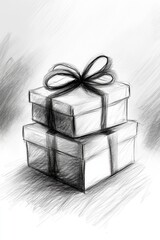 A drawing of a stack of presents with a bow