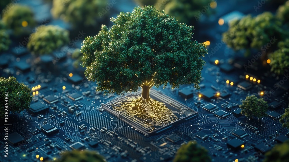 Poster a lush green tree with deep roots grows from a computer chip, symbolizing the connection between nat