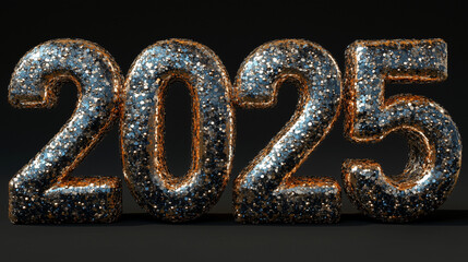 A large 3D number standing 2025, made of black, gold and glossy shiny materials