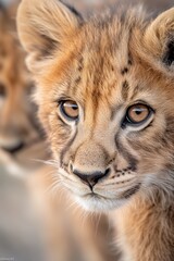 A close up of a lion cub looking at the camera