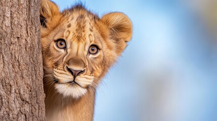 A young lion cub peeking out from behind a tree