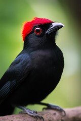 A black bird with a red head sitting on a branch