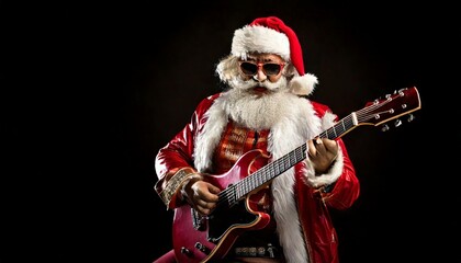 Rocking Santa Claus playing guitar with sunglasses and a black background.