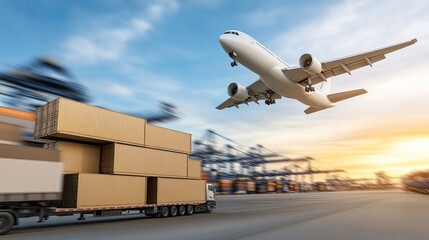 A cargo ship is loading containers while trucks prepare for transportation beneath an airplane flying at sunset