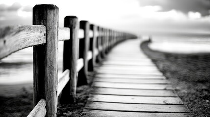 Obraz premium A wooden walkway leading to the ocean on a cloudy day