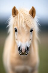 Fototapeta premium A small horse with a long mane standing in a field