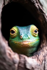 Fototapeta premium A green gecko peeking out of a hole in a tree