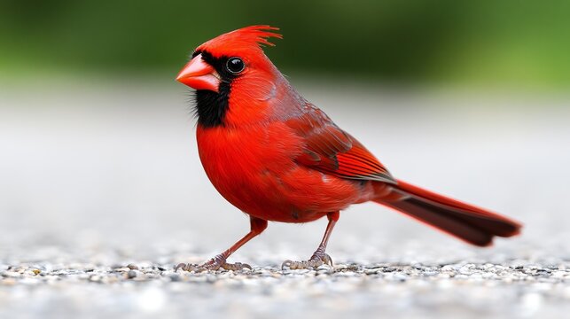 A red bird standing on the ground with a green background