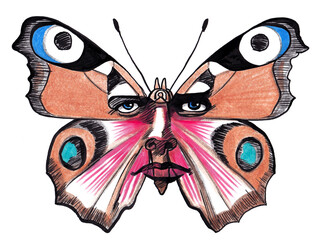 Human Face on Butterfly. Surrealistic art, a Metaphor of Man and Nature. JPG illustration