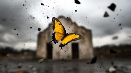 A yellow butterfly flying through the air in front of a building