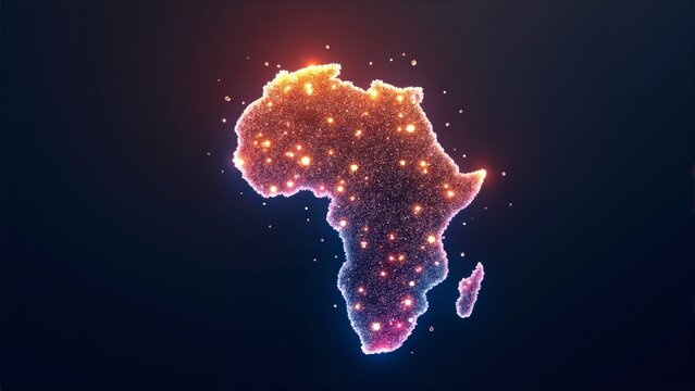 A vibrant, glowing representation of Africa illuminated with colorful lights against a dark backdrop