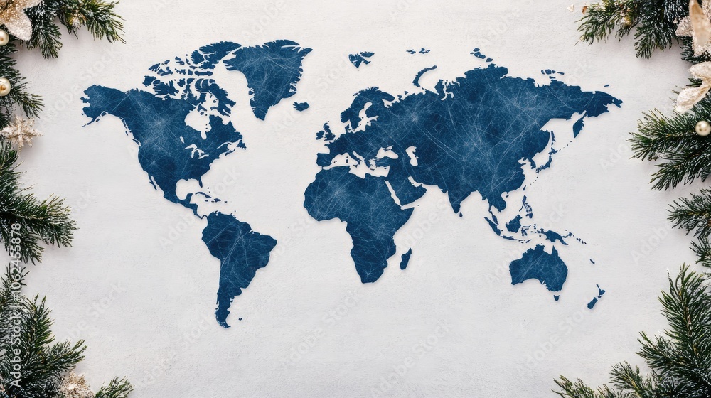 Poster a flat world map features blue network connections on a textured grey background, emphasizing global