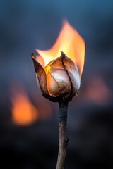A burnt flower bud on a stick in front of a fire