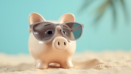A playful piggy bank wearing sunglasses enjoys a sunny day at the beach