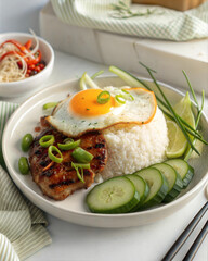 Grilled Chicken with Rice, Fried Egg, and Fresh Vegetables