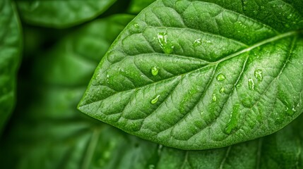 A close up of a green leaf with water droplets