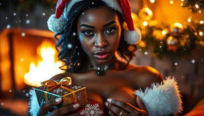 Close up de uma mulher sexy vestindo uma roupa de Papai Noel reveladora para o Natal