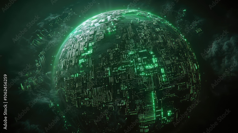 Poster a glowing green sphere with a digital pattern on its surface, surrounded by dark clouds.