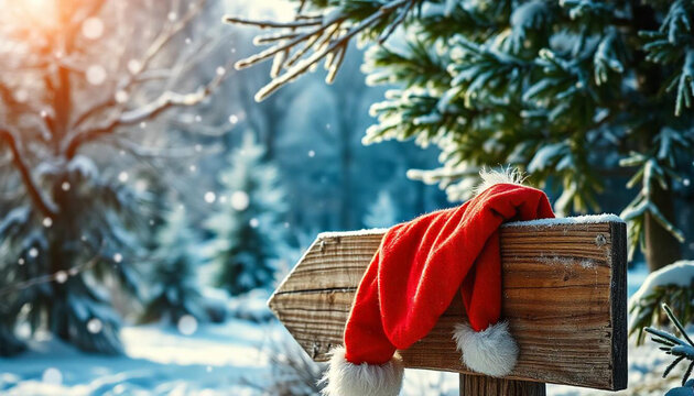 Um chap&eacute;u de Papai Noel pendurado em uma placa de madeira em uma paisagem de inverno