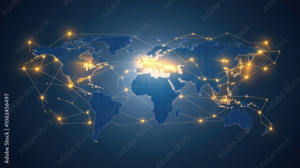 Poster a flat world map features blue network connections on a textured grey background, emphasizing global