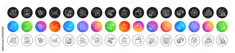 Poster chart, inspect and bitcoin atm line icons. round icon gradient buttons. pack of report document, inf