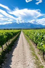 Fototapeta premium A dirt road in the middle of a vineyard with mountains in the background