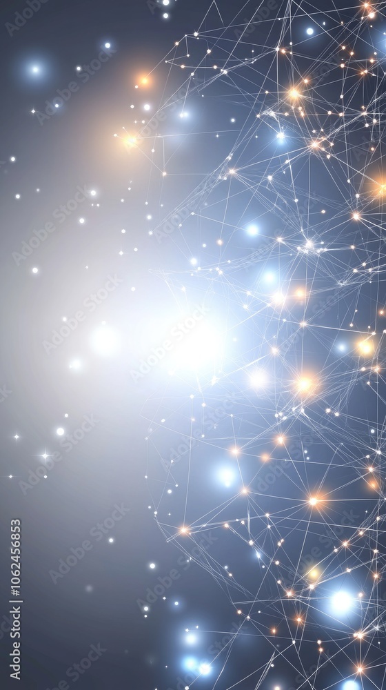 Poster a flat world map features blue network connections on a textured grey background, emphasizing global