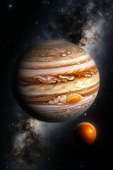 jupiter and its two planets in space with stars in the background