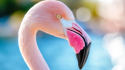 Naklejka premium A pink flamingo standing in front of a body of water