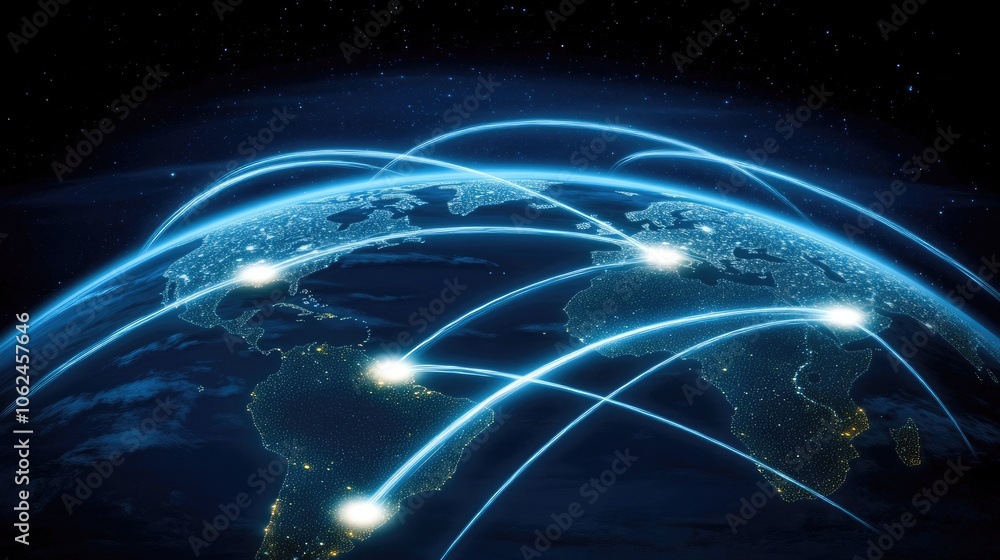 Poster the design showcases an abstract representation of a world map on a blue backdrop, emphasizing globa