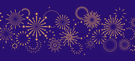 Fireworks banner, gold fireworks border on purple background