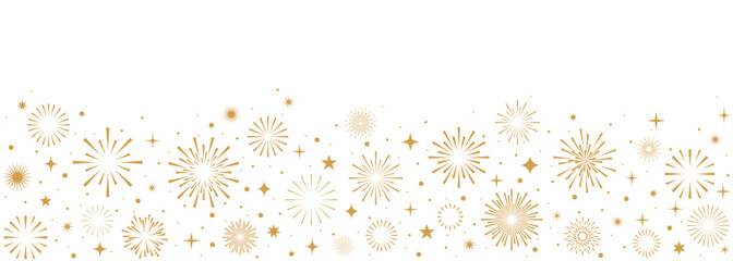 Fireworks banner, gold holidays border with stars