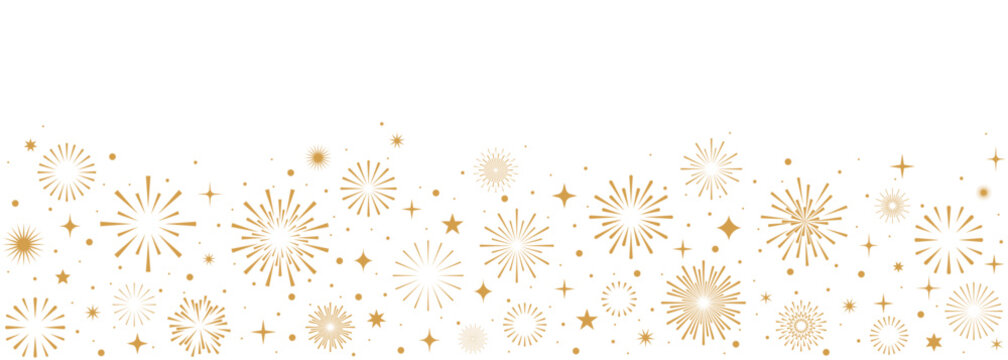 Fireworks banner, gold holidays border with stars
