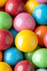A close up of a pile of colorful gumballs