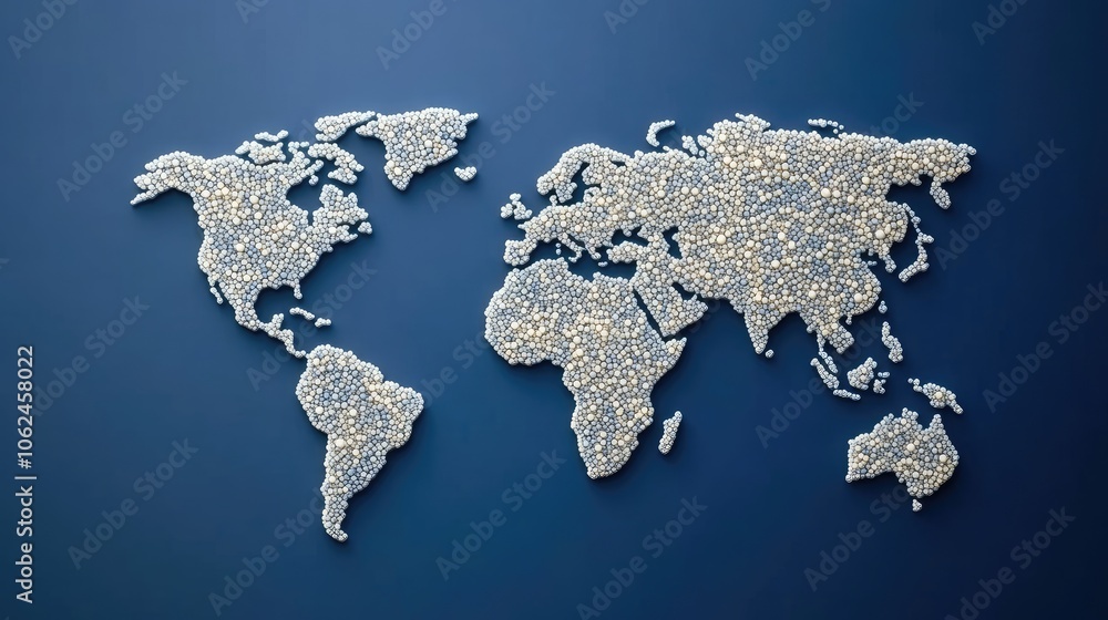 Poster the design showcases an abstract representation of a world map on a blue backdrop, emphasizing globa