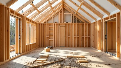 Framing a modern home in a peaceful suburban neighborhood surrounded by trees during cloudy weather