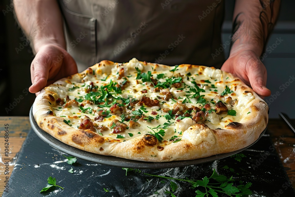 Wall mural fresh pizza on black board held by hands, melted cheese, herbs, close-up of vibrant toppings