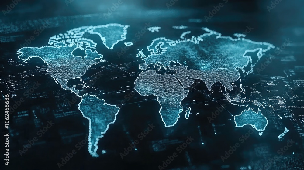 Poster the design showcases an abstract representation of a world map on a blue backdrop, emphasizing globa