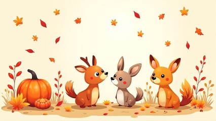Fototapeta premium A delightful gathering of woodland animals celebrating autumn amidst colorful leaves and pumpkins