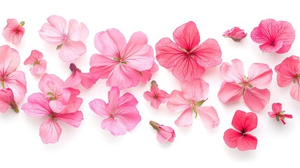 Top view of pink flowers and geranium petals, creating a floral isolated design element.