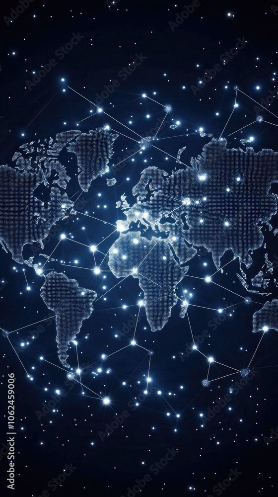 Poster the design showcases an abstract representation of a world map on a blue backdrop, emphasizing globa