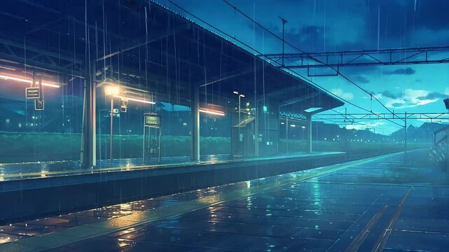 Seamless Looping Anime Rainy Train Station Background Video