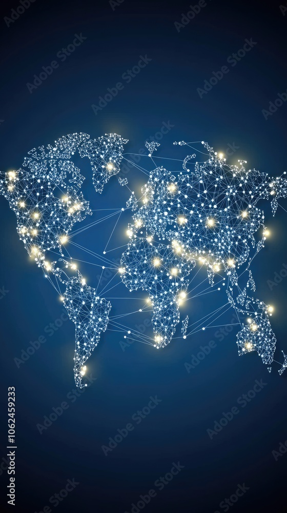 Poster the design showcases an abstract representation of a world map on a blue backdrop, emphasizing globa