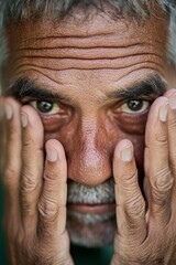 A close up of a man covering his eyes with his hands