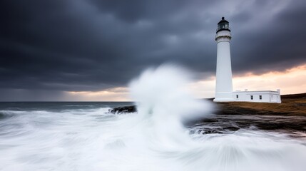 Obraz premium A white lighthouse on a rocky shore under a cloudy sky