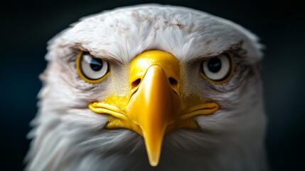 Obraz premium A close up of a bald eagle's face with a black background