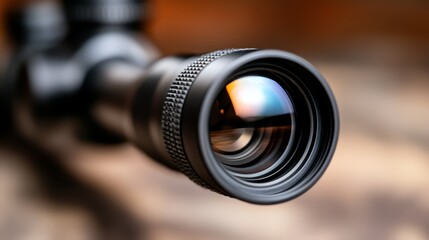 A close up of a rifle scope on a wooden surface