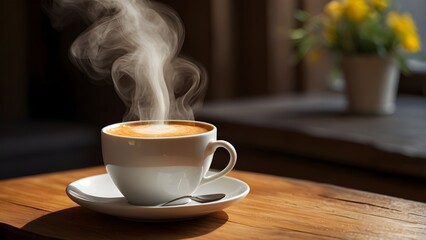 A cup of aromatic coffee with a rich yellowish foam on top. The coffee is served in a white cup resting on a rustic wooden table.