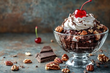 A decadent chocolate sundae topped with whipped cream, nuts, and a cherry, served in a vintage glass bowl.
