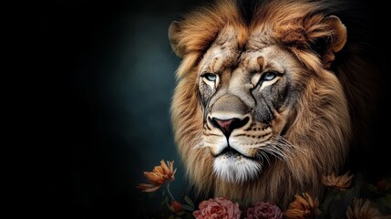 Naklejka premium A close up of a lion's face surrounded by flowers